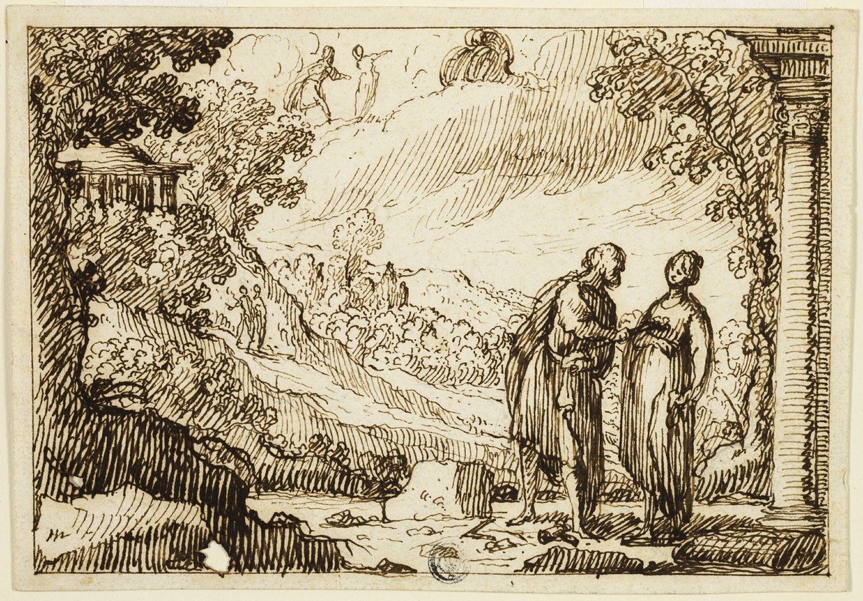 Scène mythologique non identifiée avec un homme et une femme conversant dans un paysage classique - François Roëttiers