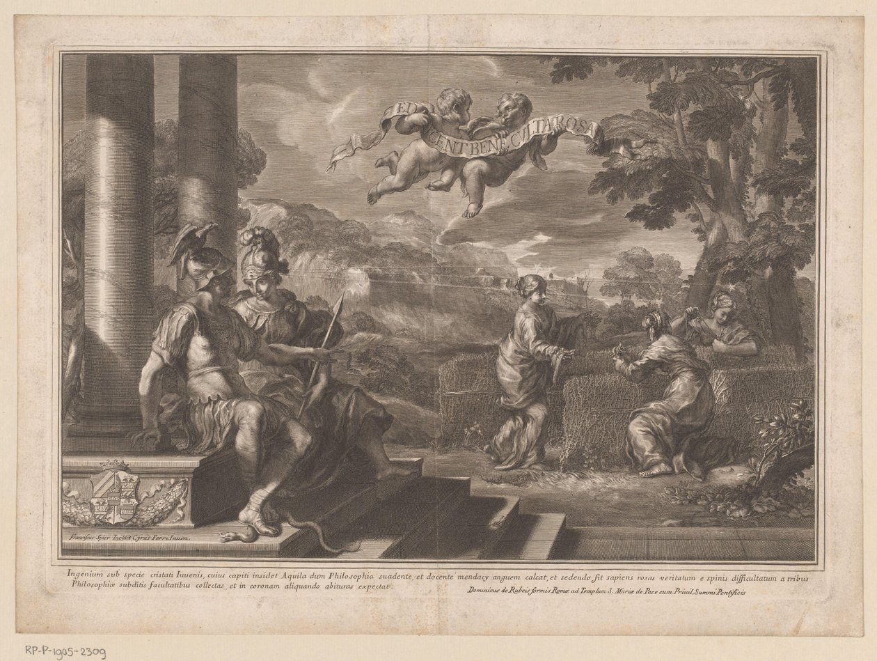Personnifications assises du Génie et de la Philosophie avec des nymphes plantant des roses - François Spierre
