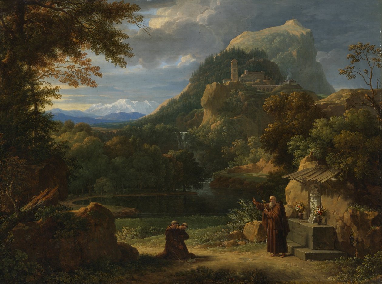 Saint Antoine de Padoue présentant deux novices à des frères dans un paysage de montagne - Francois Xavier Fabre