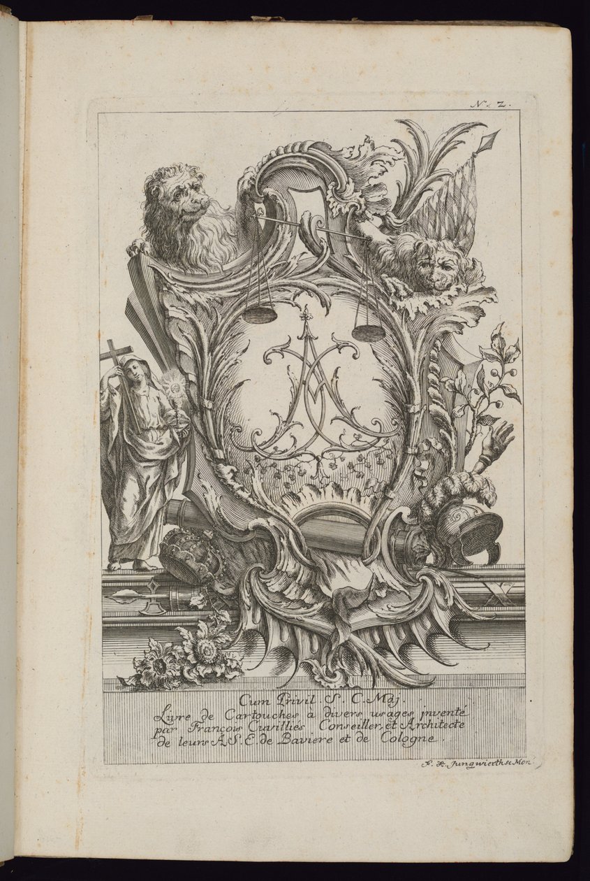 Cartouche avec deux lions et un chiffre, Livre de Cartouches à divers usages - François de Cuvilliés the Elder