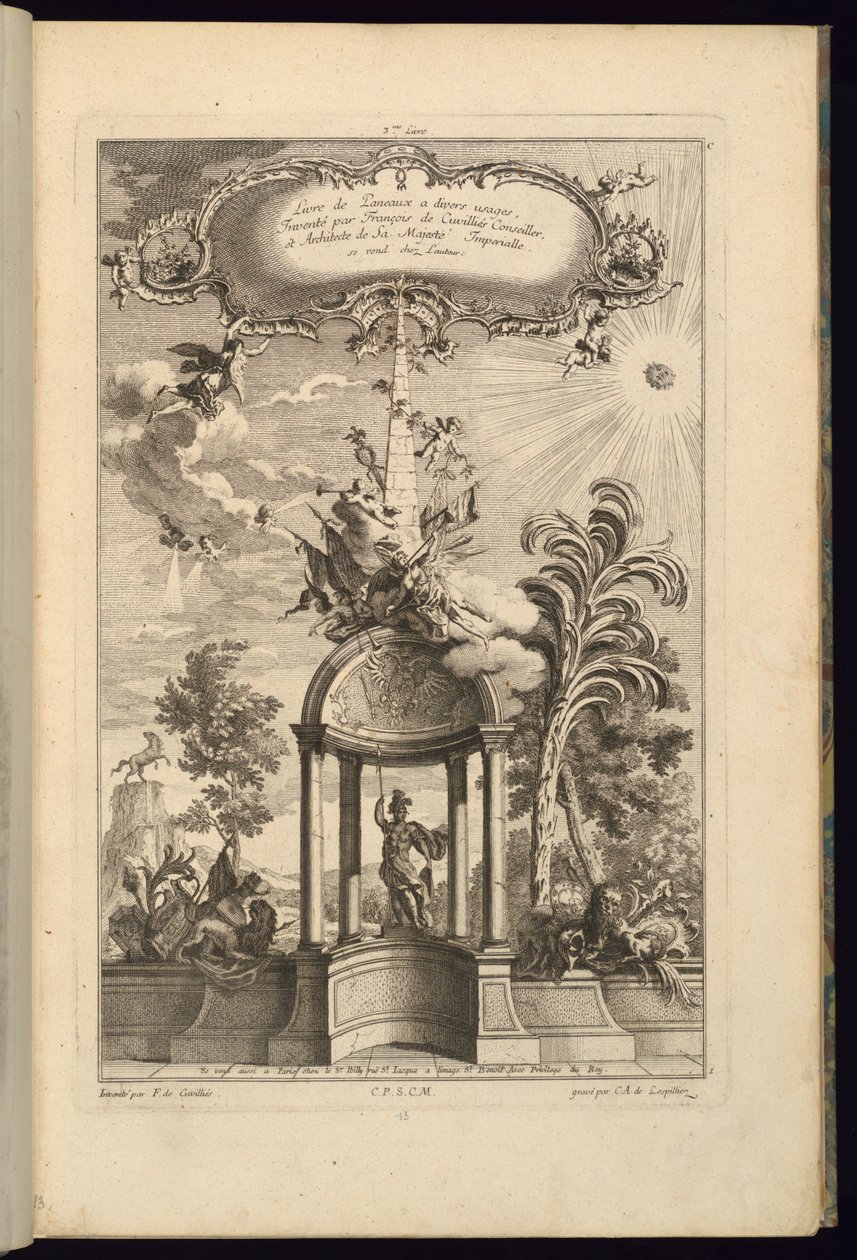 Conception pour panneaux avec Tempietto avec Minerve, couronné par un obélisque et la Victoire - François de Cuvilliés the Elder