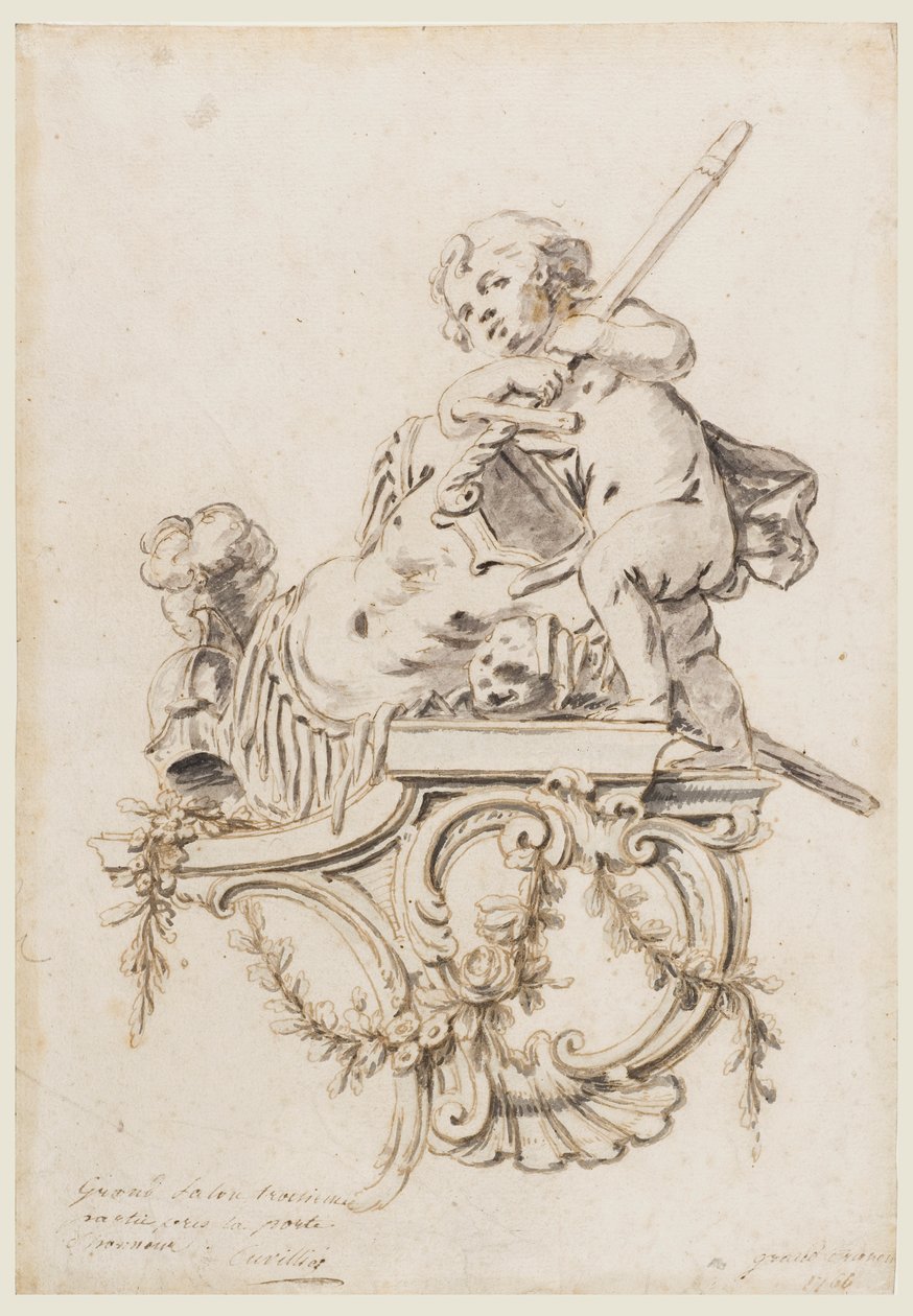 Conception pour un support sculpté avec Putto accompagné des attributs de la guerre, pour le Grand Trianon, Versailles - François de Cuvilliés the younger