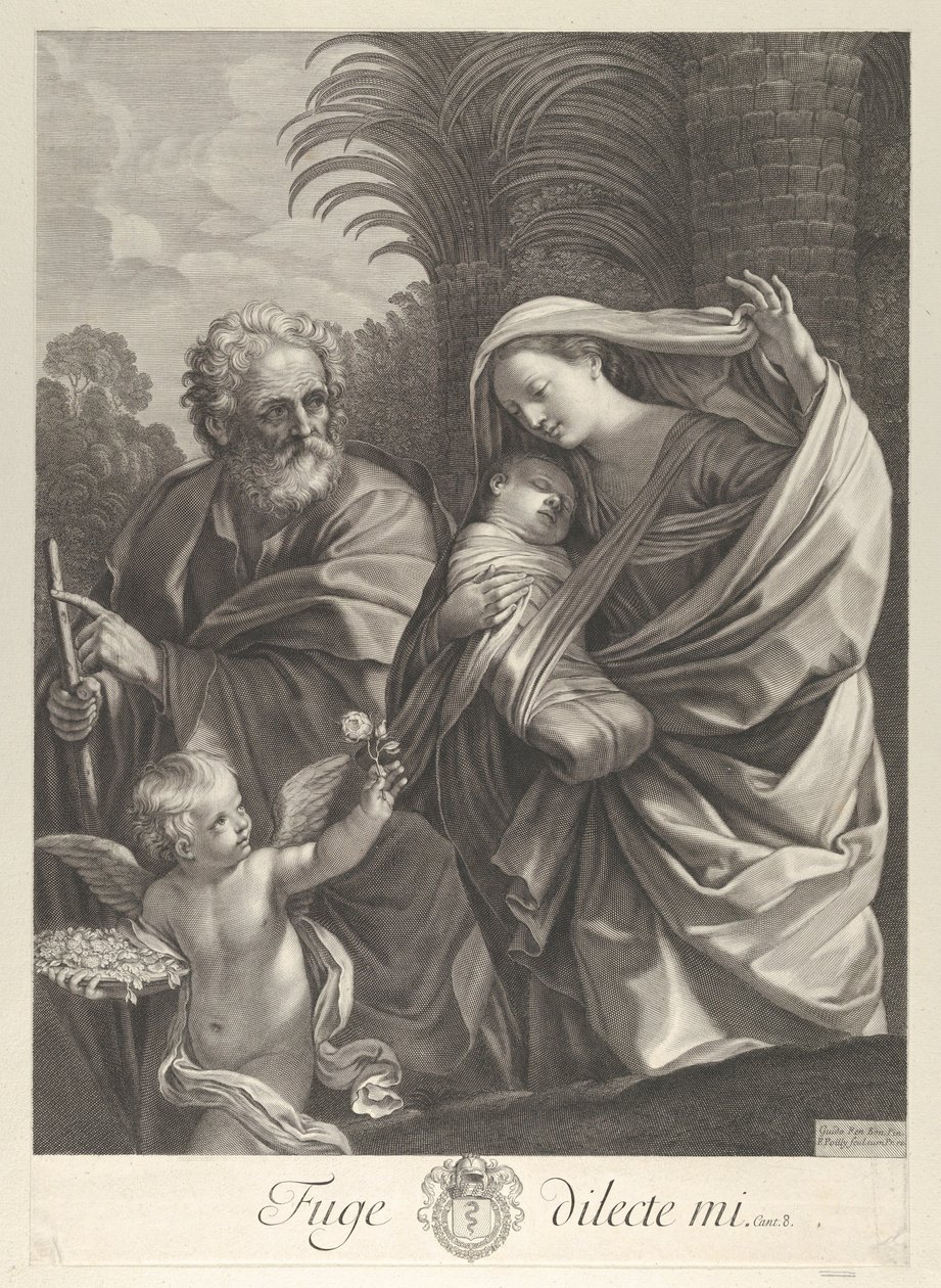 La Fuite en Égypte, la Sainte Famille marchant ensemble, Saint Joseph pointant vers..., vers 1648-81 - François de Poilly