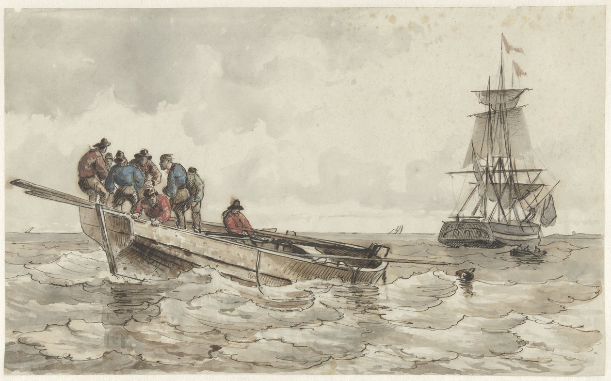 Huit hommes dans une barque près d