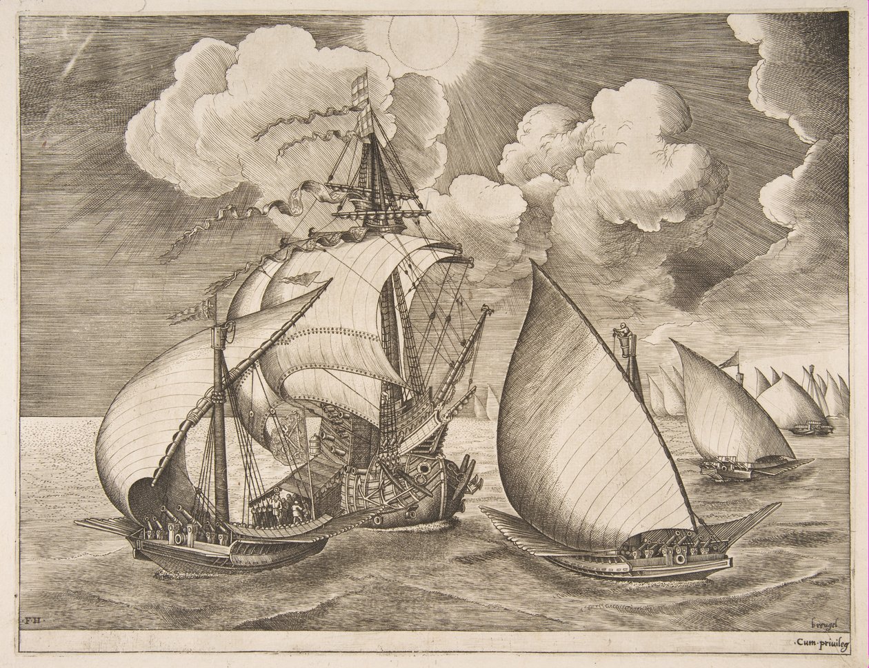 Flotte de galères escortée par une caravelle de Les Navires à voile, 1561-65 - Frans Huys
