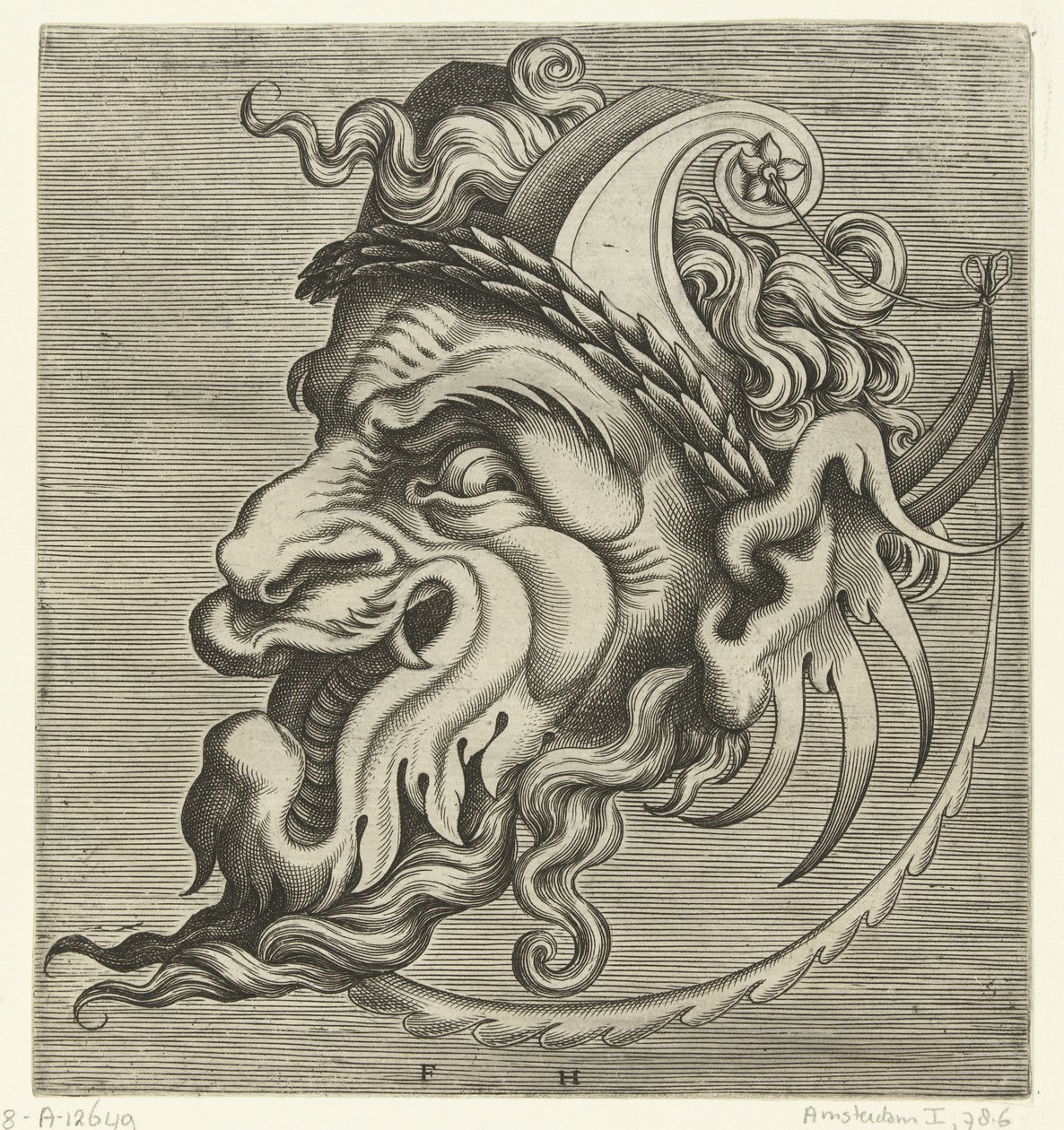Masque de profil avec deux cornes de volutes et une couronne de laurier - Frans Huys