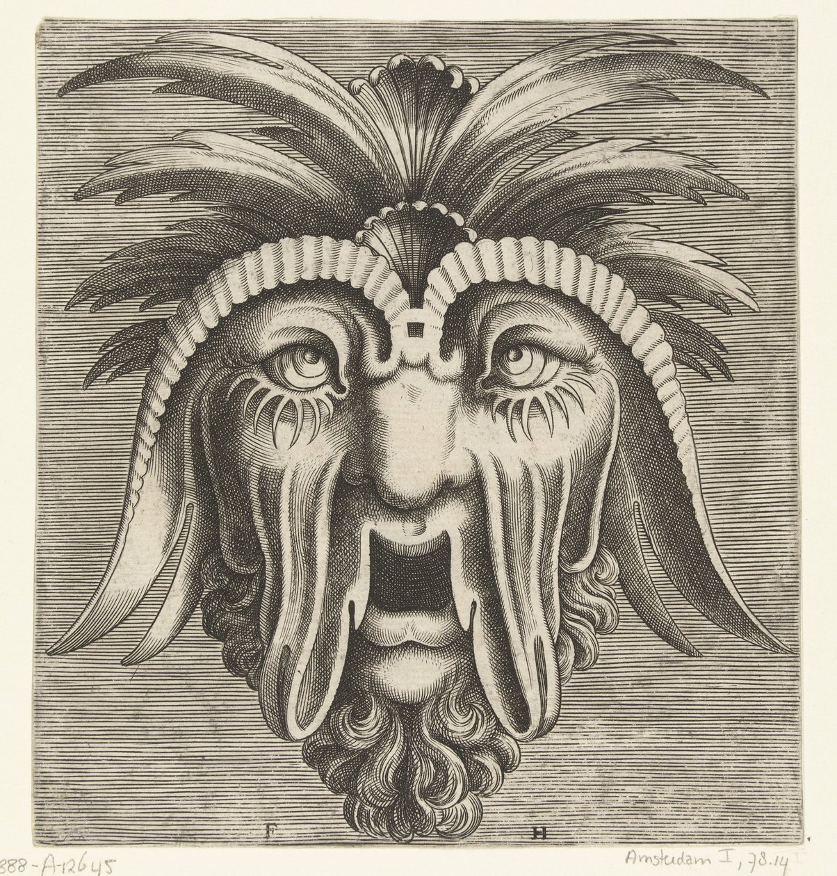 Masque avec une bouche édentée ouverte, des joues tombantes et des touffes sur la tête - Frans Huys