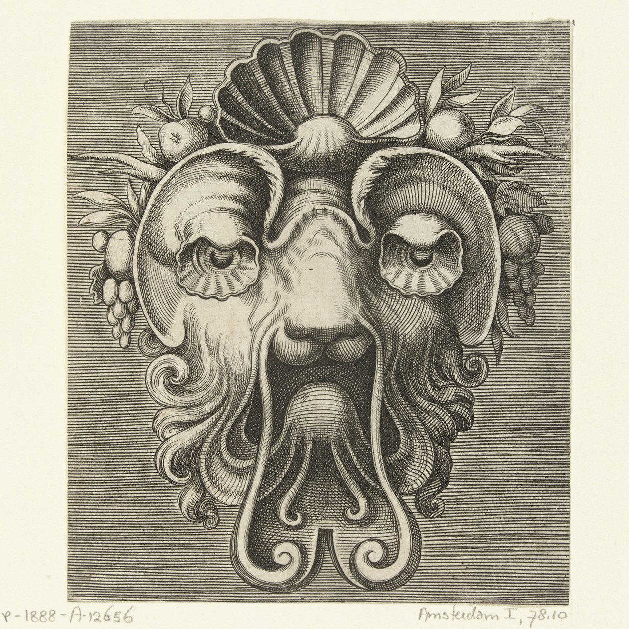 Masque avec des yeux en forme de coquille et une coquille entre des grappes de fruits sur le front (Pourtraicture ingenieuse de plusieurs facons de masques...) - Frans Huys
