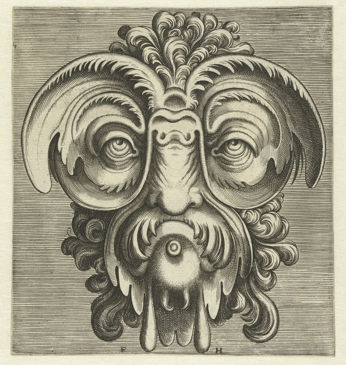 Masque avec des assiettes autour des yeux et une touffe de boucles sur la tête - Frans Huys