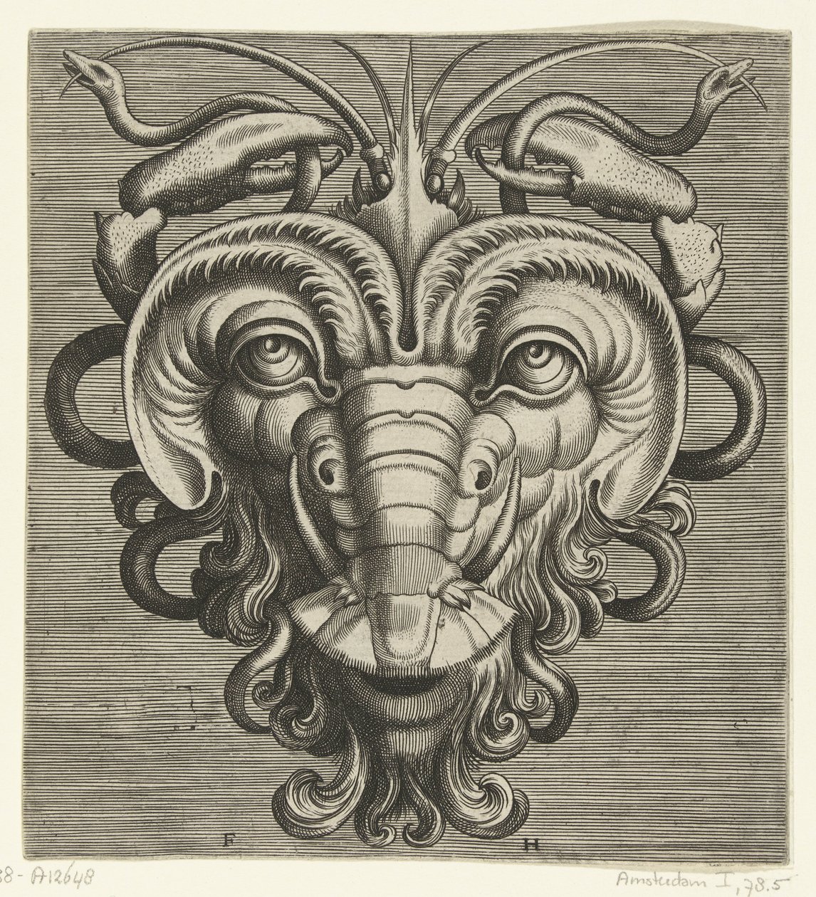 Masque avec deux pinces de homard tenant des serpents (Pourtraicture ingenieuse de plusieurs facons de masques...) - Frans Huys