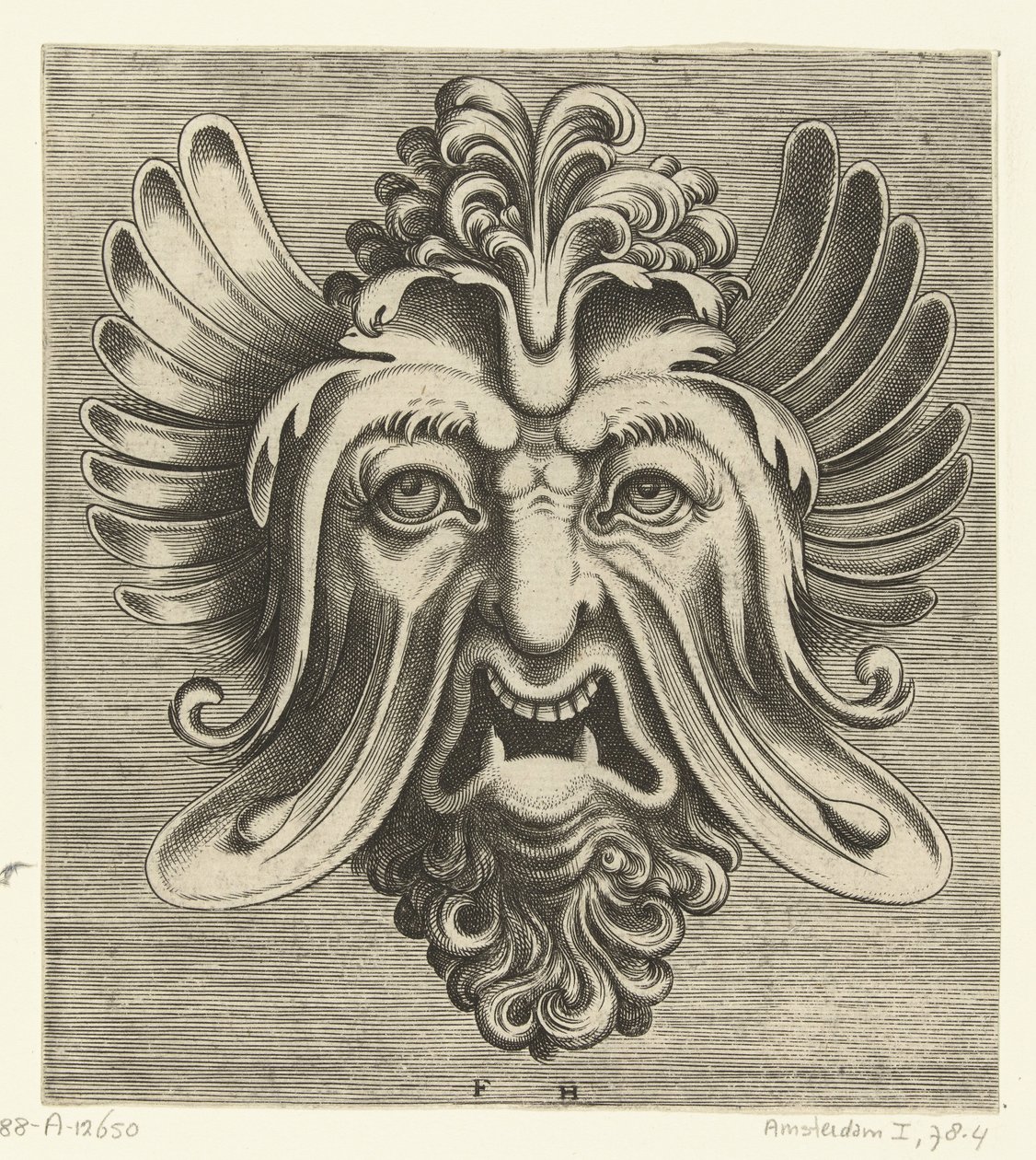 Masque avec joues tombantes, deux dents pointues et une touffe de boucles reposant sur la racine du nez - Frans Huys