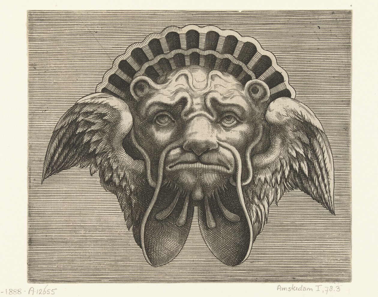 Masque avec des ailes à la place des oreilles et une coiffe en forme de coquille (Pourtraicture ingenieuse de plusieurs facons de masques...) - Frans Huys