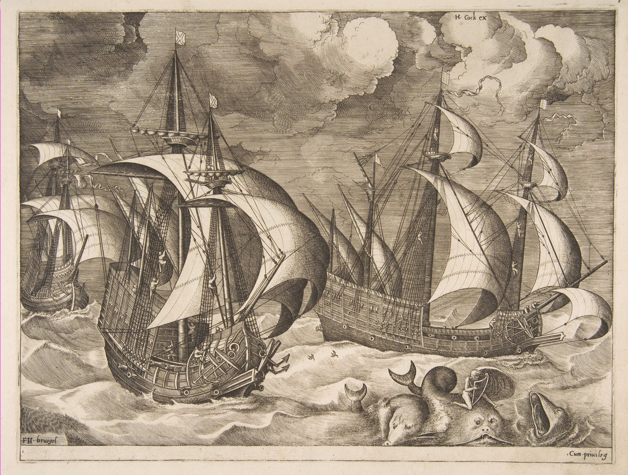 Trois caravelles dans une tempête montante avec Arion sur un dauphin de Les navires à voile, 1561-65 - Frans Huys