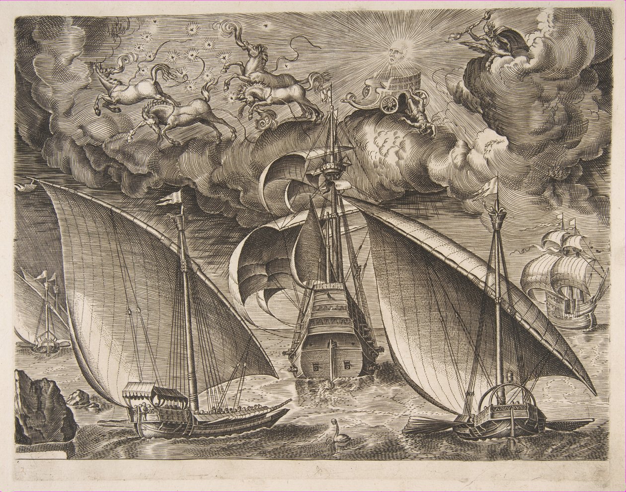 Deux galères naviguant derrière un trois-mâts armé avec Phaéton et Jupiter dans le ciel - Frans Huys
