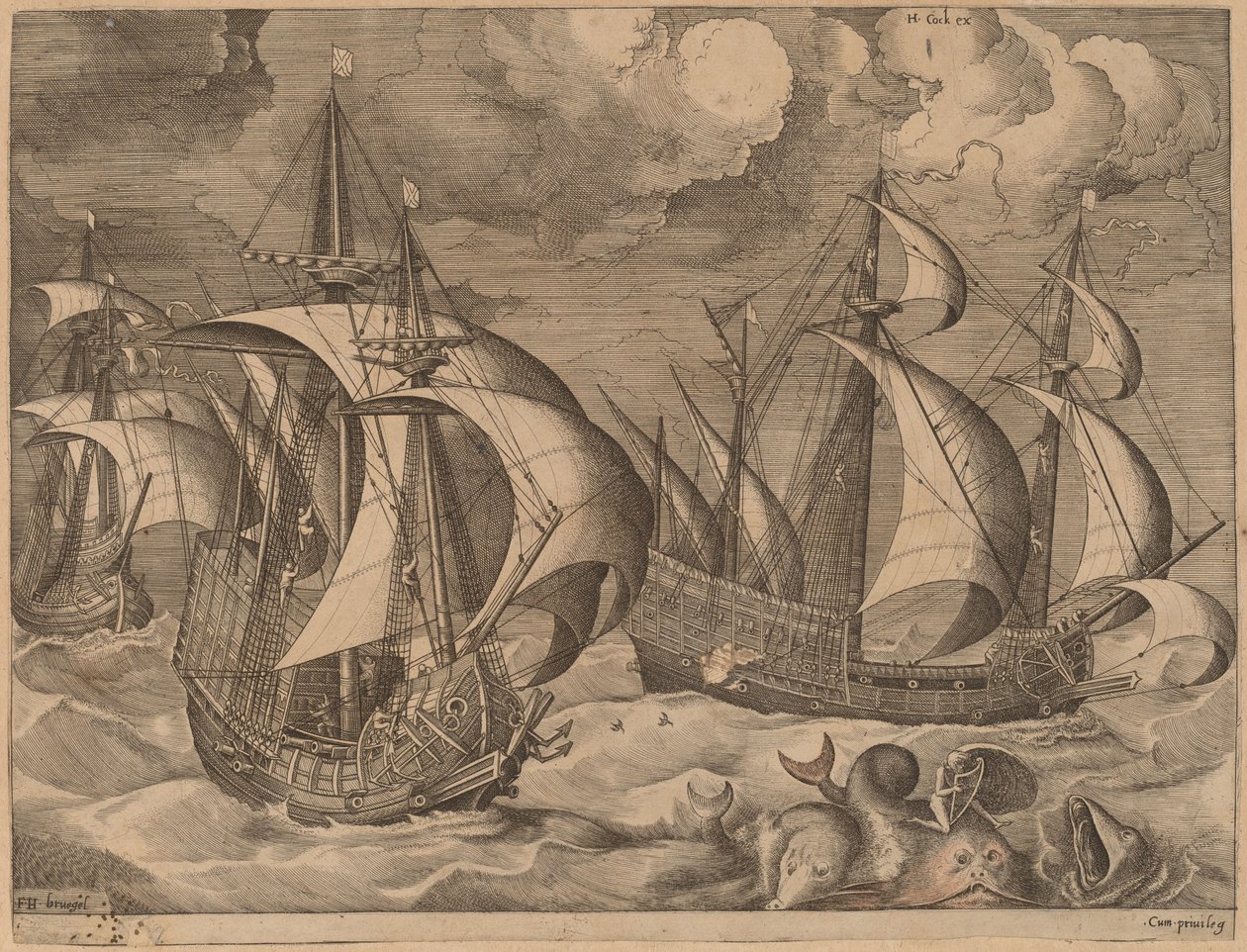 Trois caravelles dans une tempête montante avec Adrion sur un dauphin - Frans Huys after Pieter Bruegel the Elder