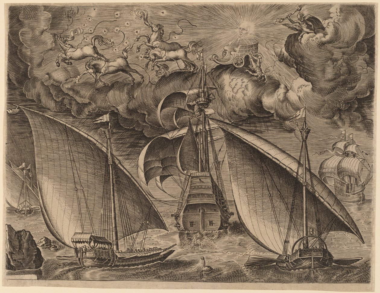Deux Galères derrière un Trois-Mâts Armé avec Phaéton et Jupiter dans le Ciel - Frans Huys after Pieter Bruegel the Elder