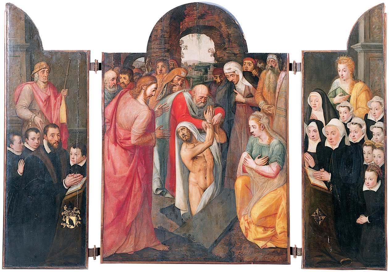 Triptyque : la résurrection de Lazare sur le compartiment central avec un donateur masculin agenouillé, présenté par Saint-Jacques et ses fils sur l