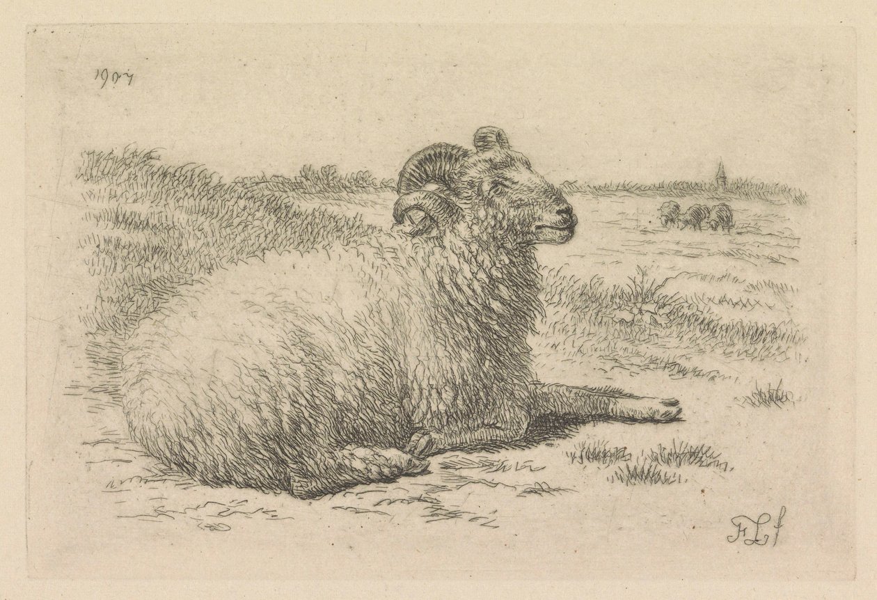 Bélier couché dans une prairie - Frans Lebret