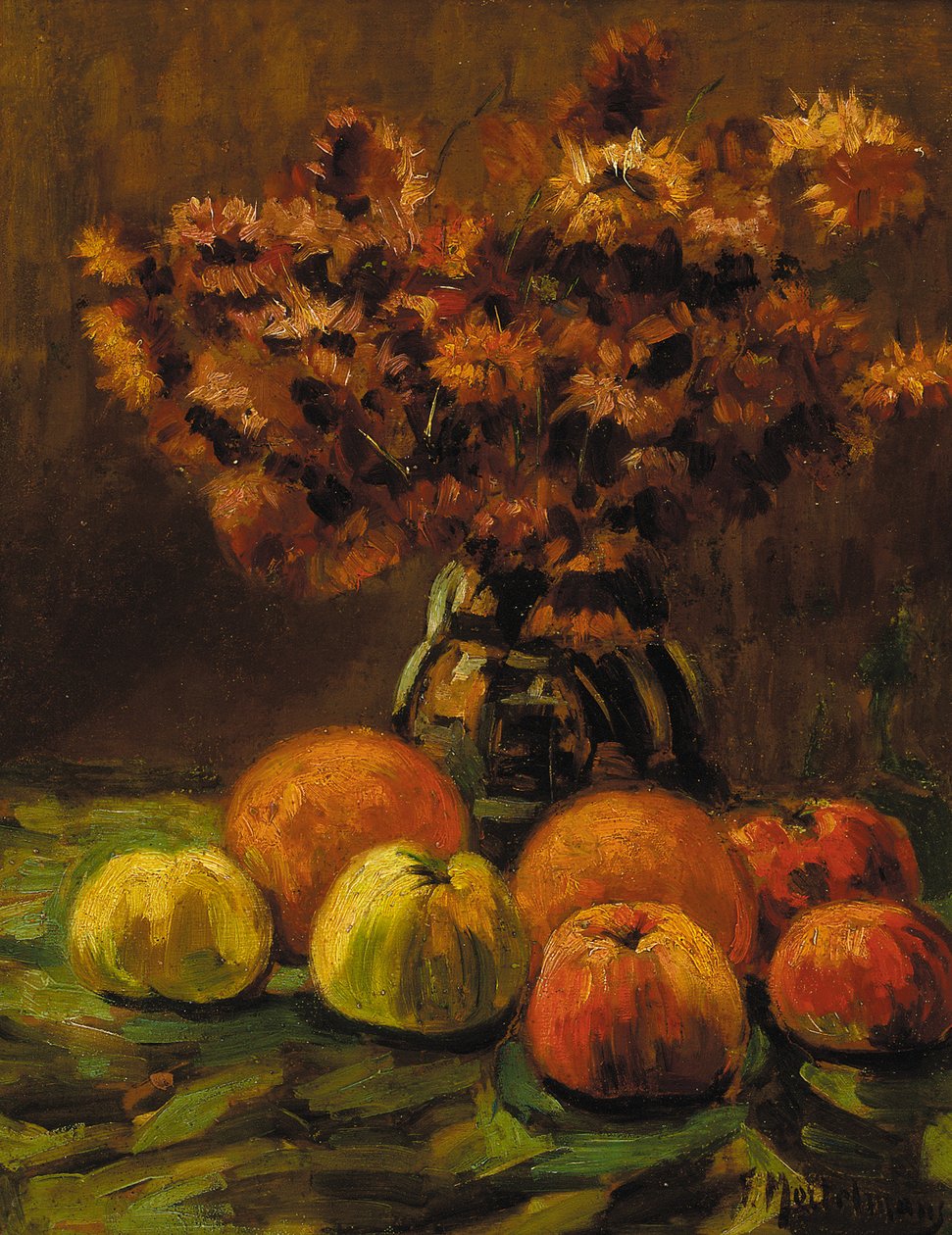 Pommes, oranges et un vase de fleurs sur une table - Frans Mortelmans