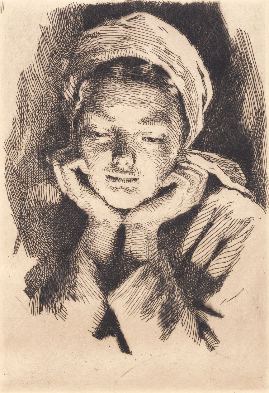 Jeune femme avec bonnet, de face, appuyant la tête dans les mains. Buste - Frans Schwartz