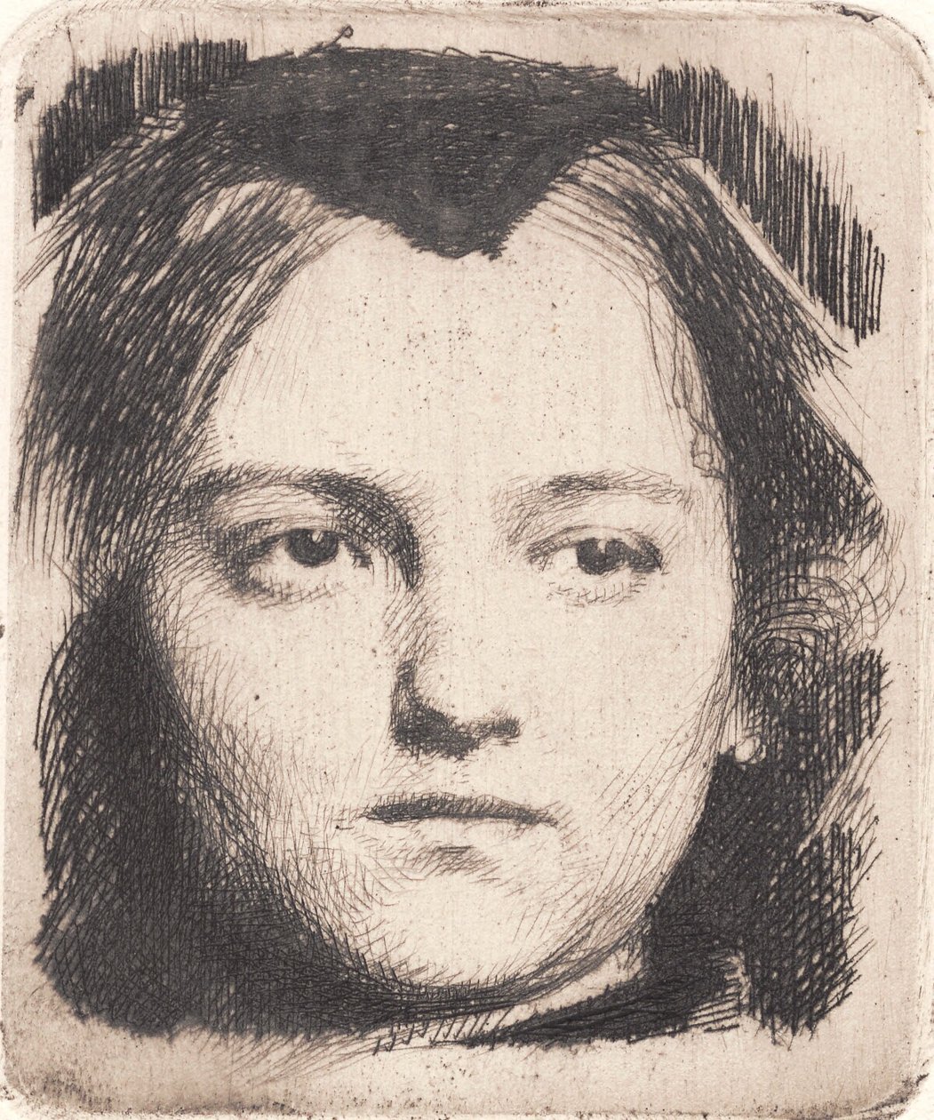 Jeune tête de femme, de face, avec un col. Plaque d