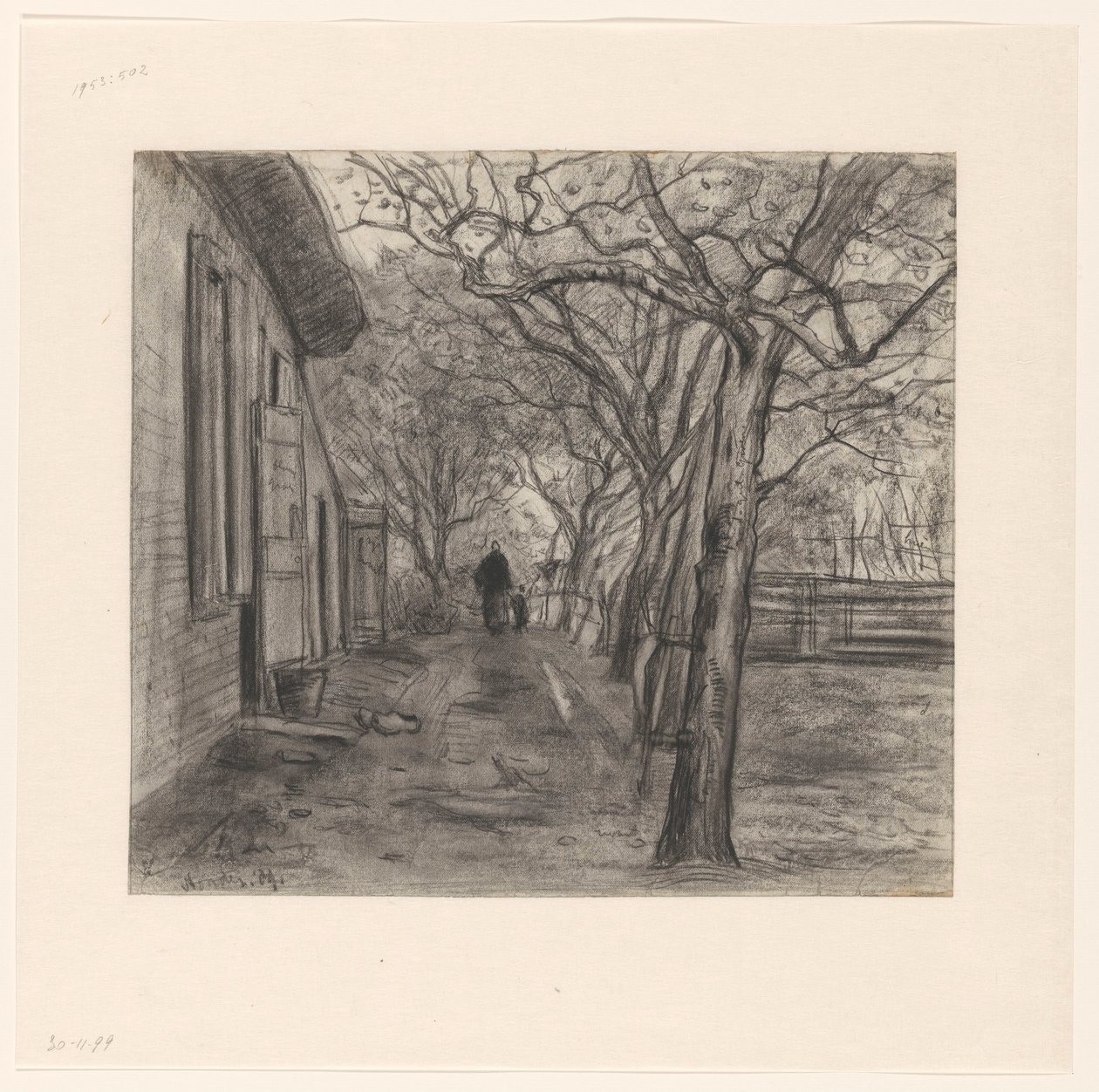 Cour de ferme avec arbres, femme et enfant - Frans Alexander Evert Lodewijk Smissaert