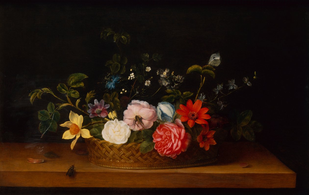 Fleurs dans un panier avec des insectes sur un rebord - Frans Ykens