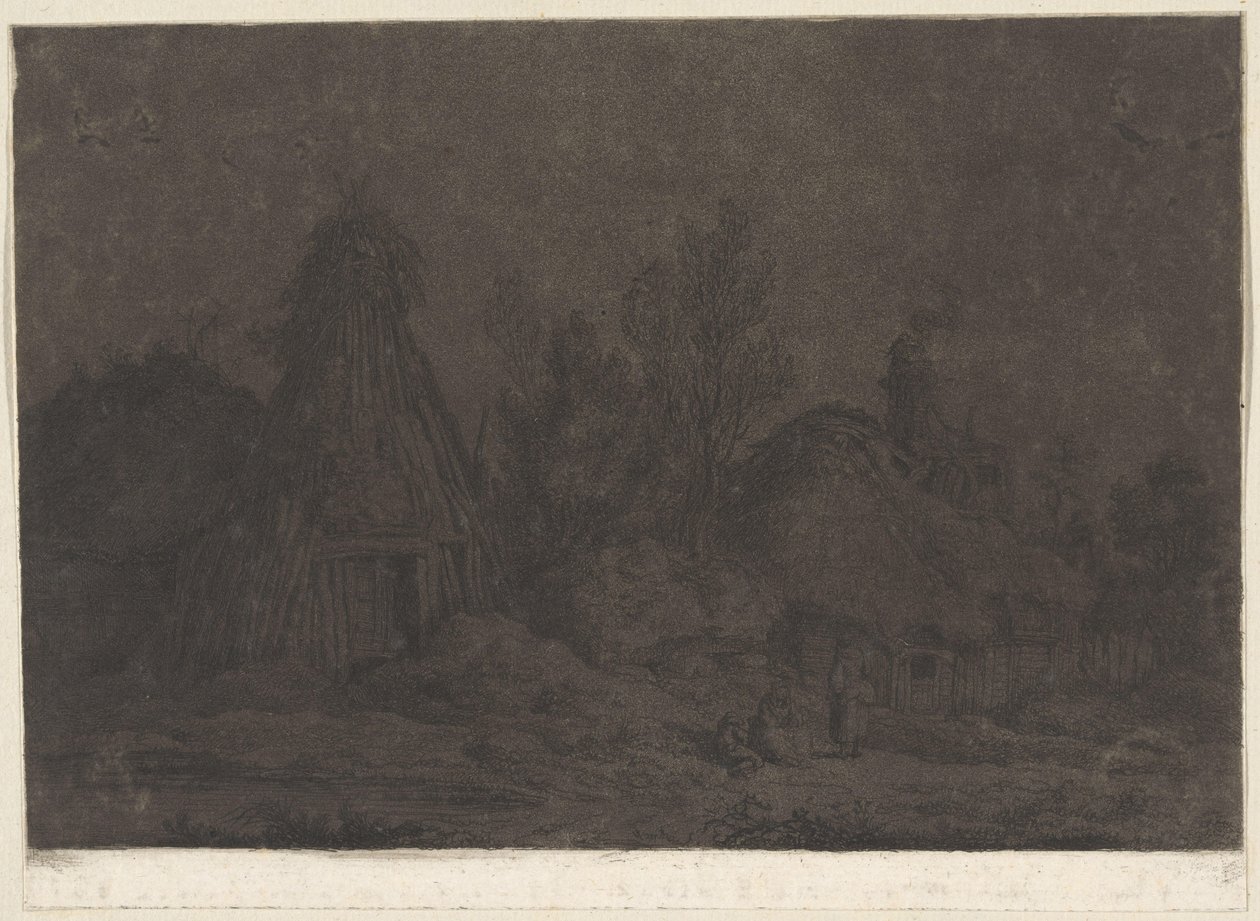 Scène au clair de lune avec figures devant une cabane (XII Vues de la Normandie) - Franz Edmund Weirotter