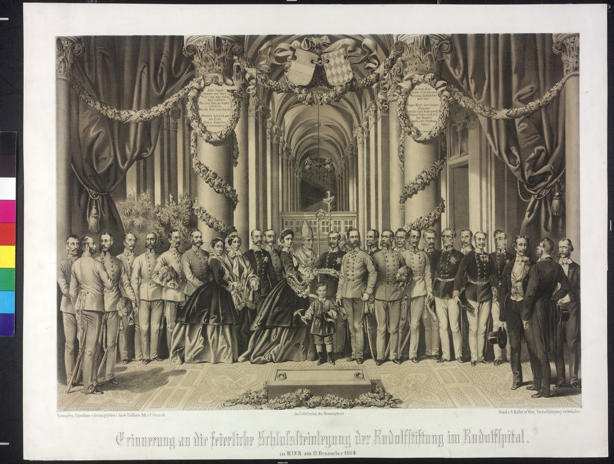Souvenir de la pose solennelle de la pierre angulaire de la fondation Rudolf au Rudolfspital 1864 (lithographie) - Franz Gerasch