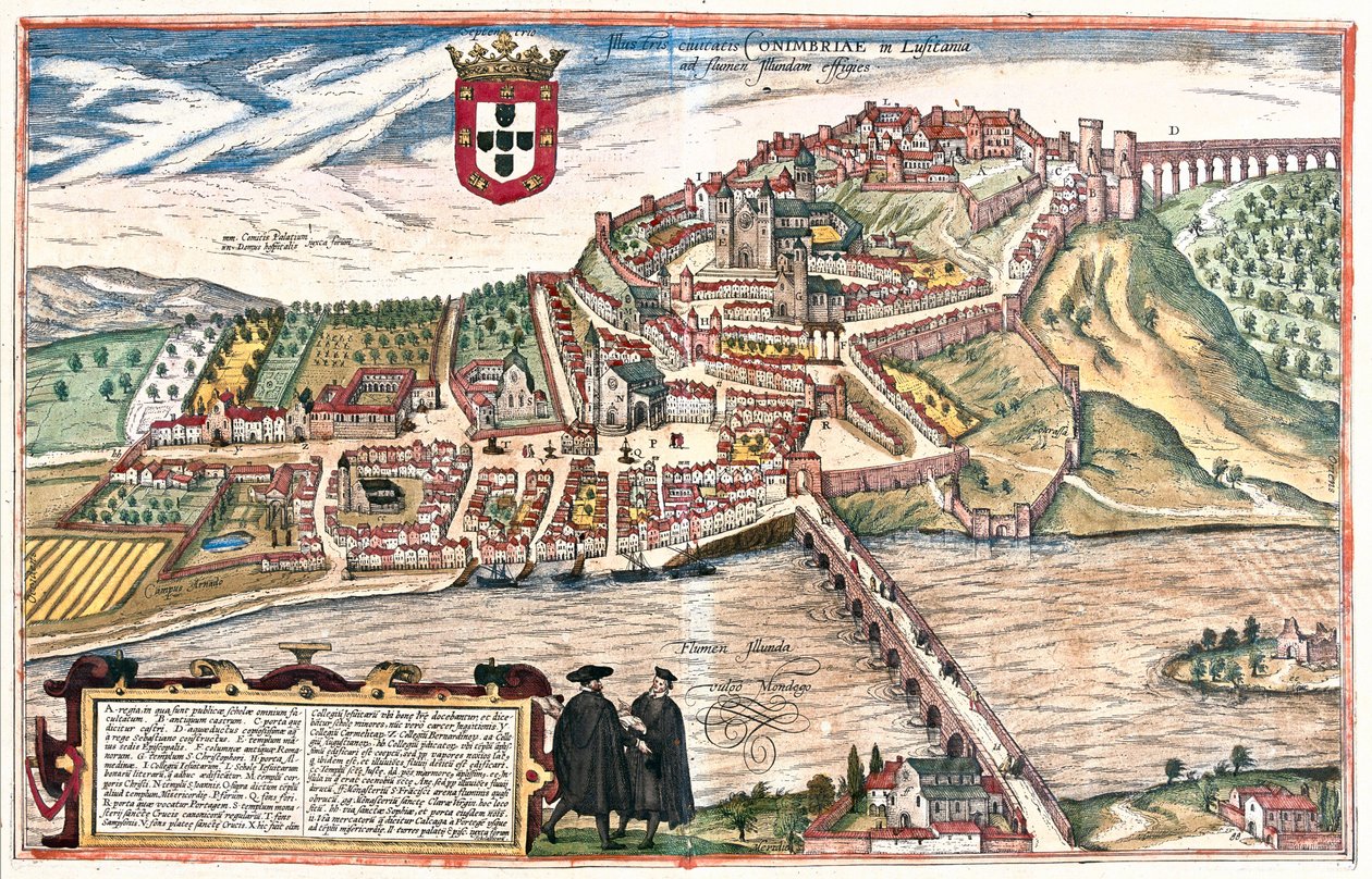 Coimbra, Portugal. Les deux académiciens vus en discussion savante au premier plan font également référence visuelle à l