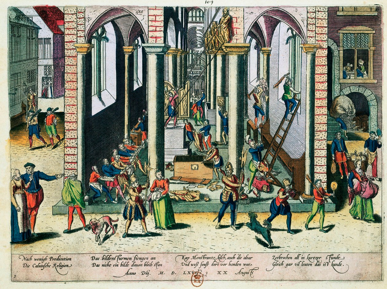 Destruction de reliques et de statues dans les églises, avril 1566 (gravure en couleur) - Franz Hogenberg