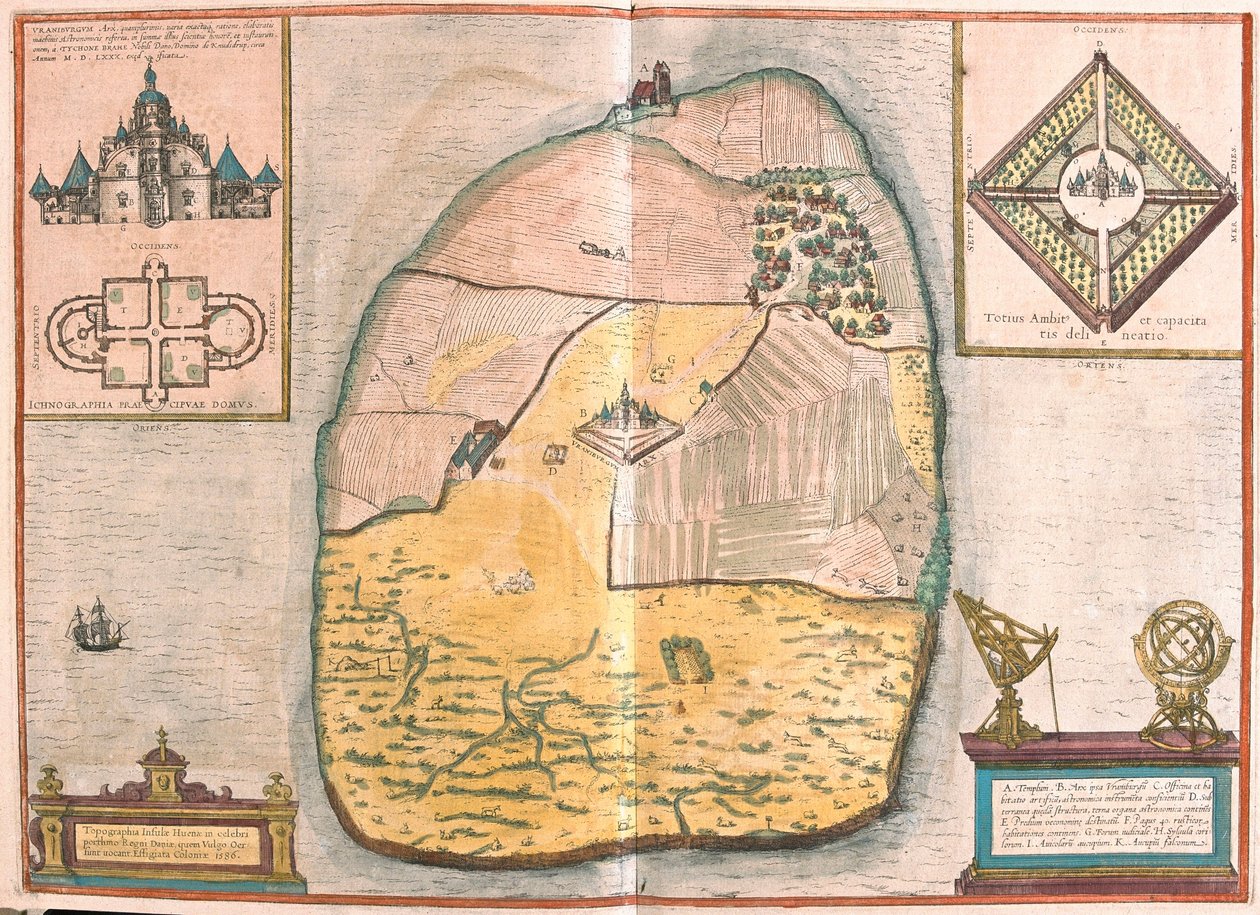 Île de Ven et Uranienborg, le palais et observatoire de Tycho Brahe situé sur cette île, dans le Sund (gravure) - Franz Hogenberg
