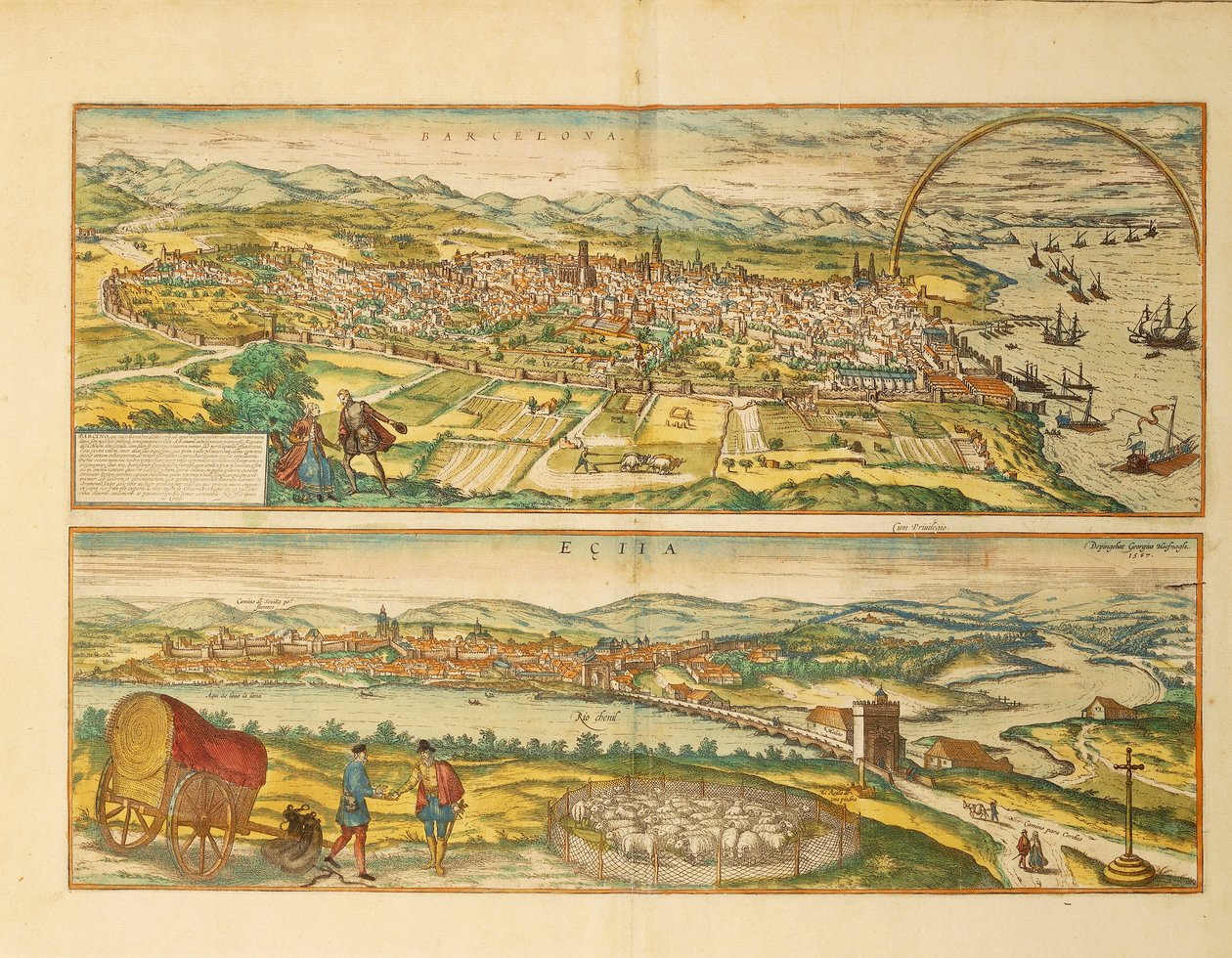 Carte de Barcelone et Écija de Civitates Orbis Terrarum par Georg Braun - Franz Hogenberg