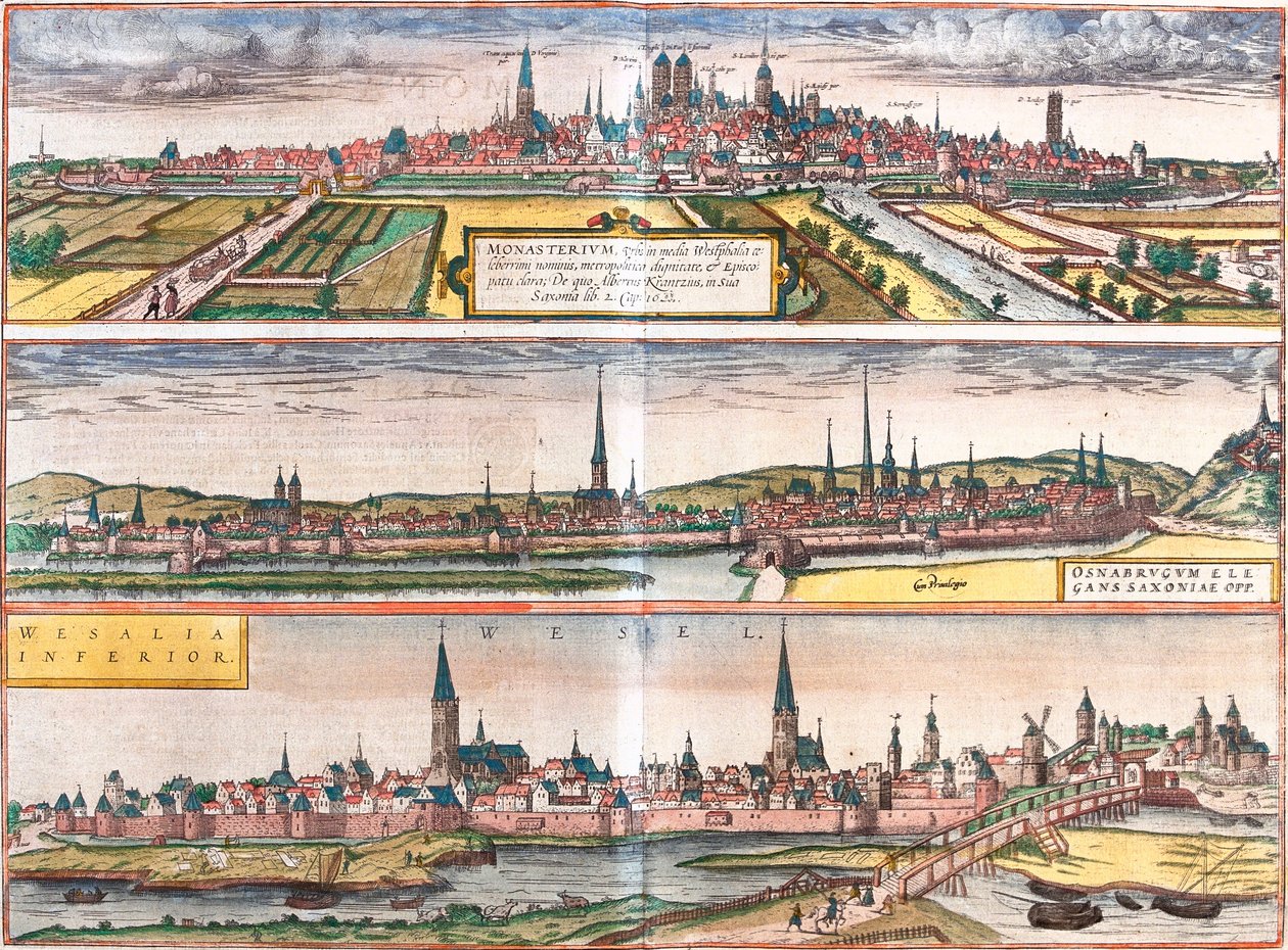 Vue de Münster (Monasterium), Osnabrück (Osnabrugum) et Wesel (Weselia), Allemagne - Franz Hogenberg