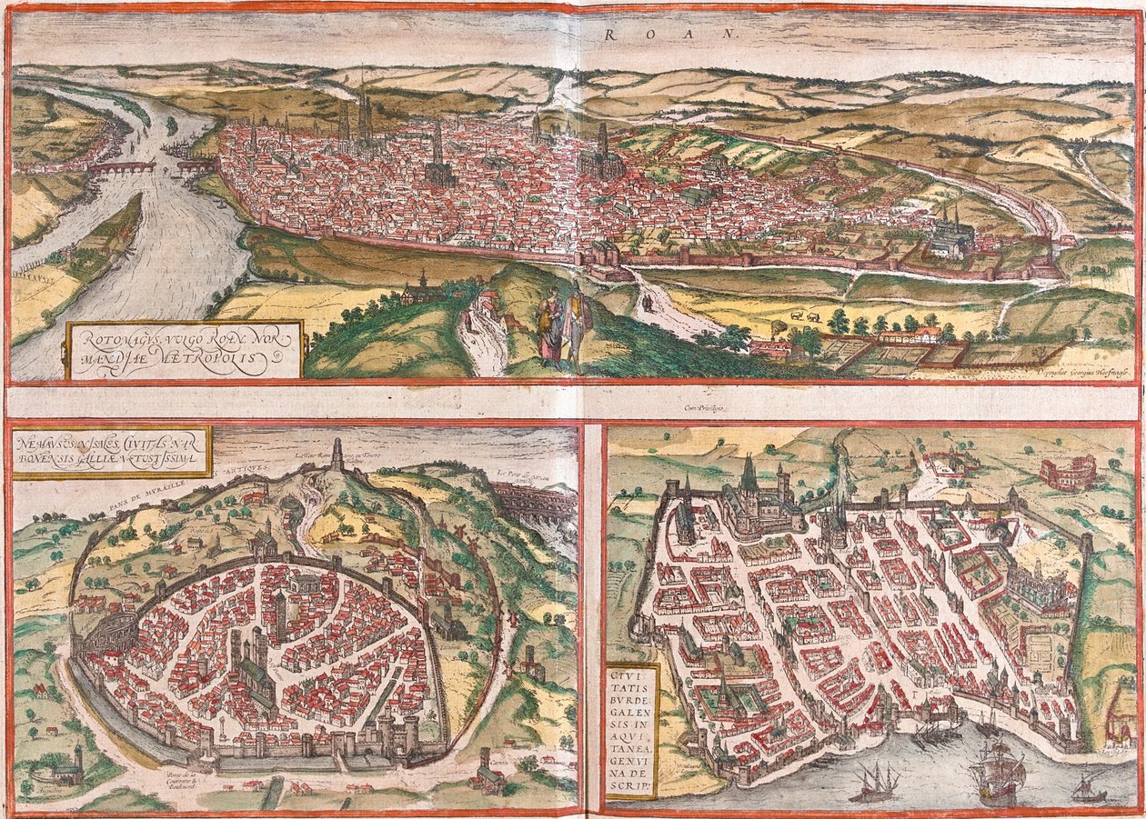 Vue de Rouen (Rotomagus), Nîmes (Nemausus) et Bordeaux (Burdigala), France - Franz Hogenberg