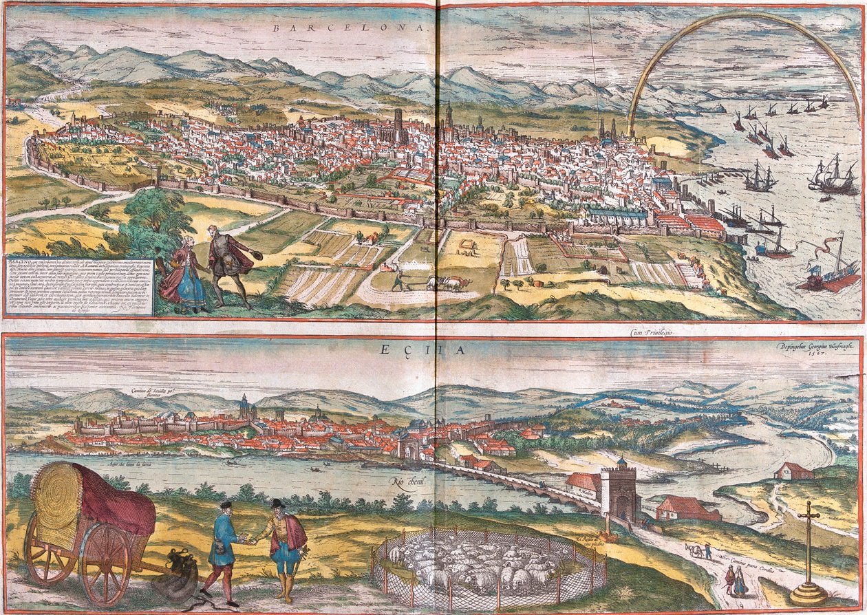 Vues de Barcelone et Ecija (Eciia), Espagne - Franz Hogenberg