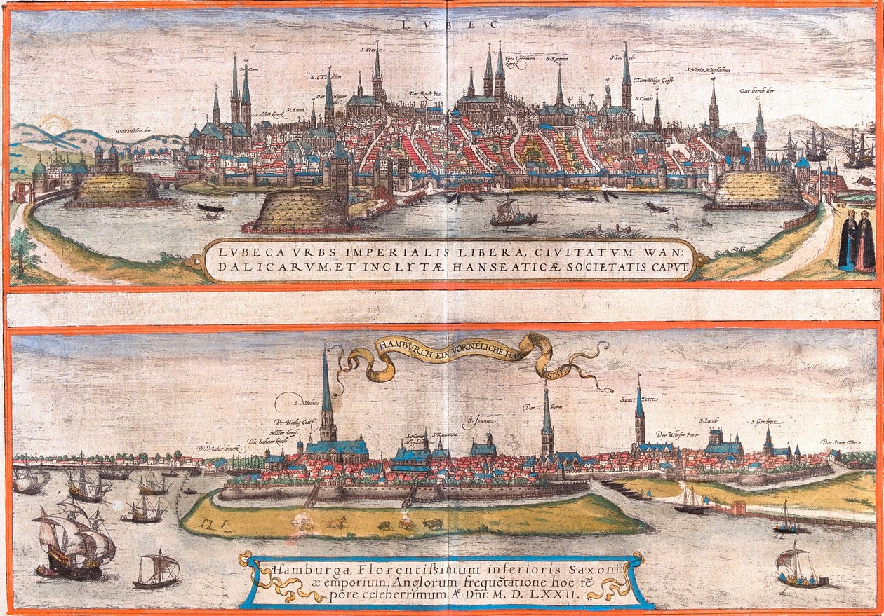 Vues de Lübeck (Lubeca) et Hambourg (Hamburga), Allemagne - Franz Hogenberg
