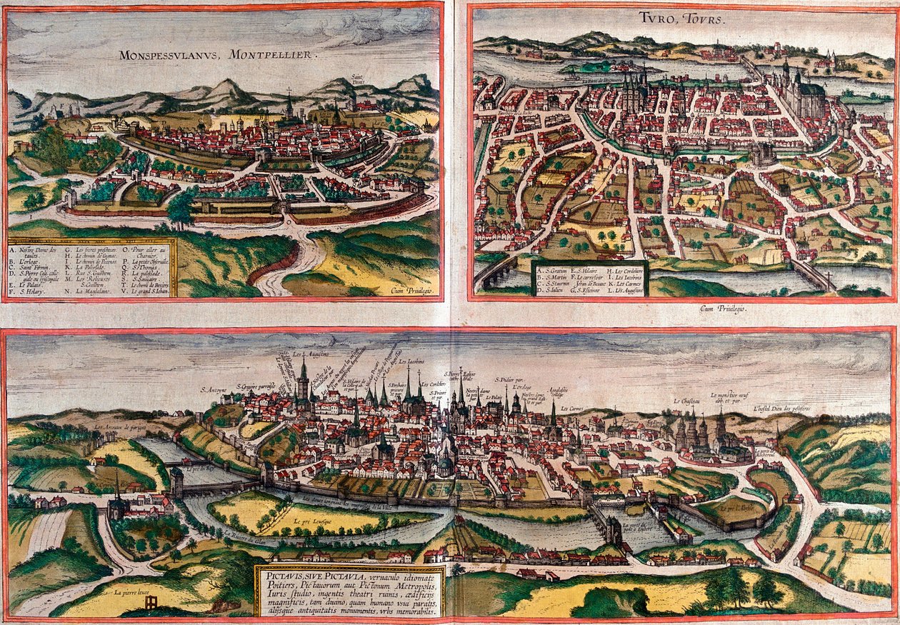 Vues de Montpellier (Monspessulanus), Tours (Turo) et Poitiers (Pictavis), France (eau-forte) - Franz Hogenberg