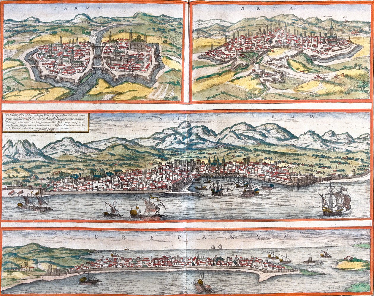 Vues de Parme, Sienne, Palerme et Trapani, Sicile, Italie - Franz Hogenberg