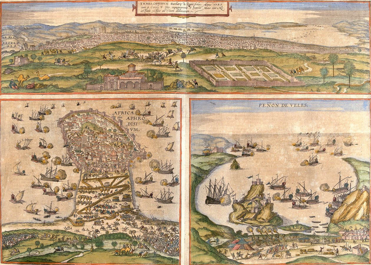 Vues de Tunis et Mahdia en Tunisie, et Penon de Velez de la Gomera ou Badis, disputé entre l