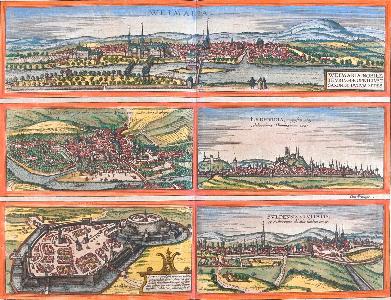 Vues de Weimar (Weimaria), Iéna, Erfurt (Erdfordia), Gotha et Fulde (Fuldensis), Allemagne - Franz Hogenberg
