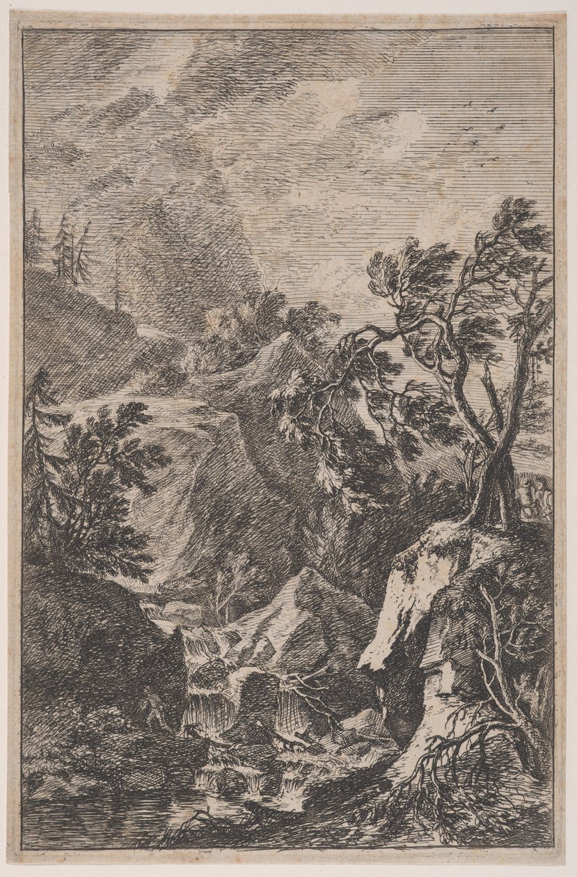 Planche 6 : deux figures masculines debout sur un rocher à droite, une cascade au centre avec un..., vers 1700-25 - Franz Joachim Beich