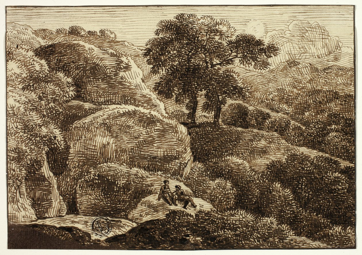Deux figures se reposant sur une colline près de deux arbres - Franz Kobell