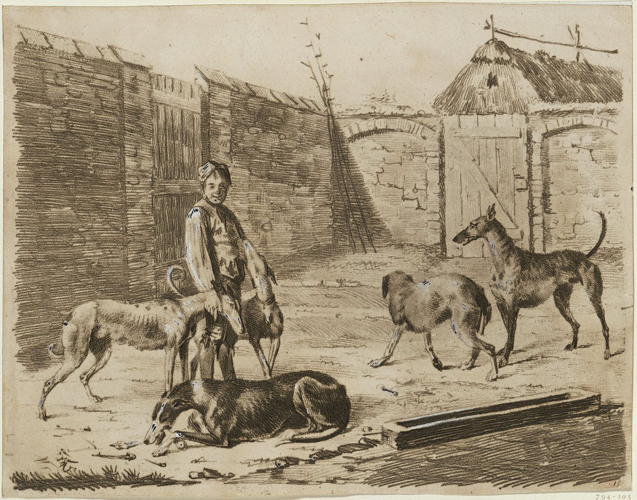Cour, avec un garçon et des chiens - Franz Krüger