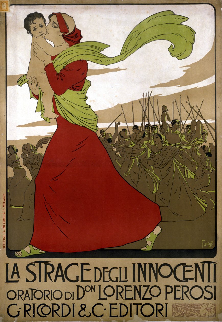 Affiche pour « La strage degli innocenti », oratorio du compositeur italien Don Lorenzo Perosi (1872 - 1956). Dessin de F. Laskoff - Franz Laskoff
