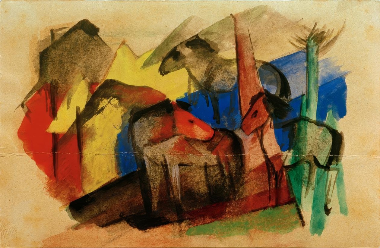 Trois chevaux dans un paysage avec des maisons - Franz Marc