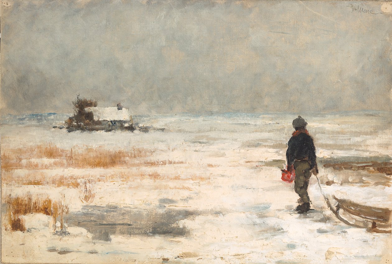 Un petit garçon avec un traîneau dans un paysage hivernal - Franz Marc