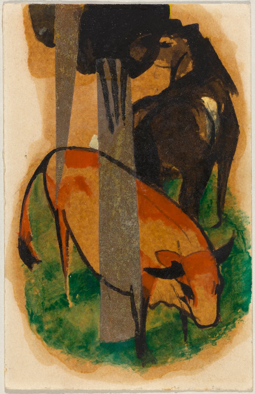 Rotes Pferd und gelbes Rind, Postkarte aus Sindelsdorf an Alfred Kubin - Franz Marc