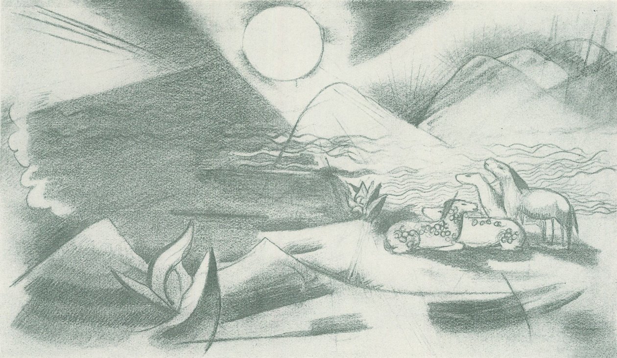 Paysage primitif avec soleil, montagnes, un groupe de chevaux - Franz Marc