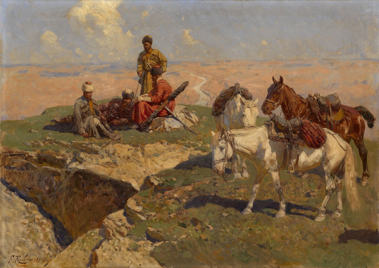 Cavaliers caucasiens au repos, 1917 - Franz Roubaud